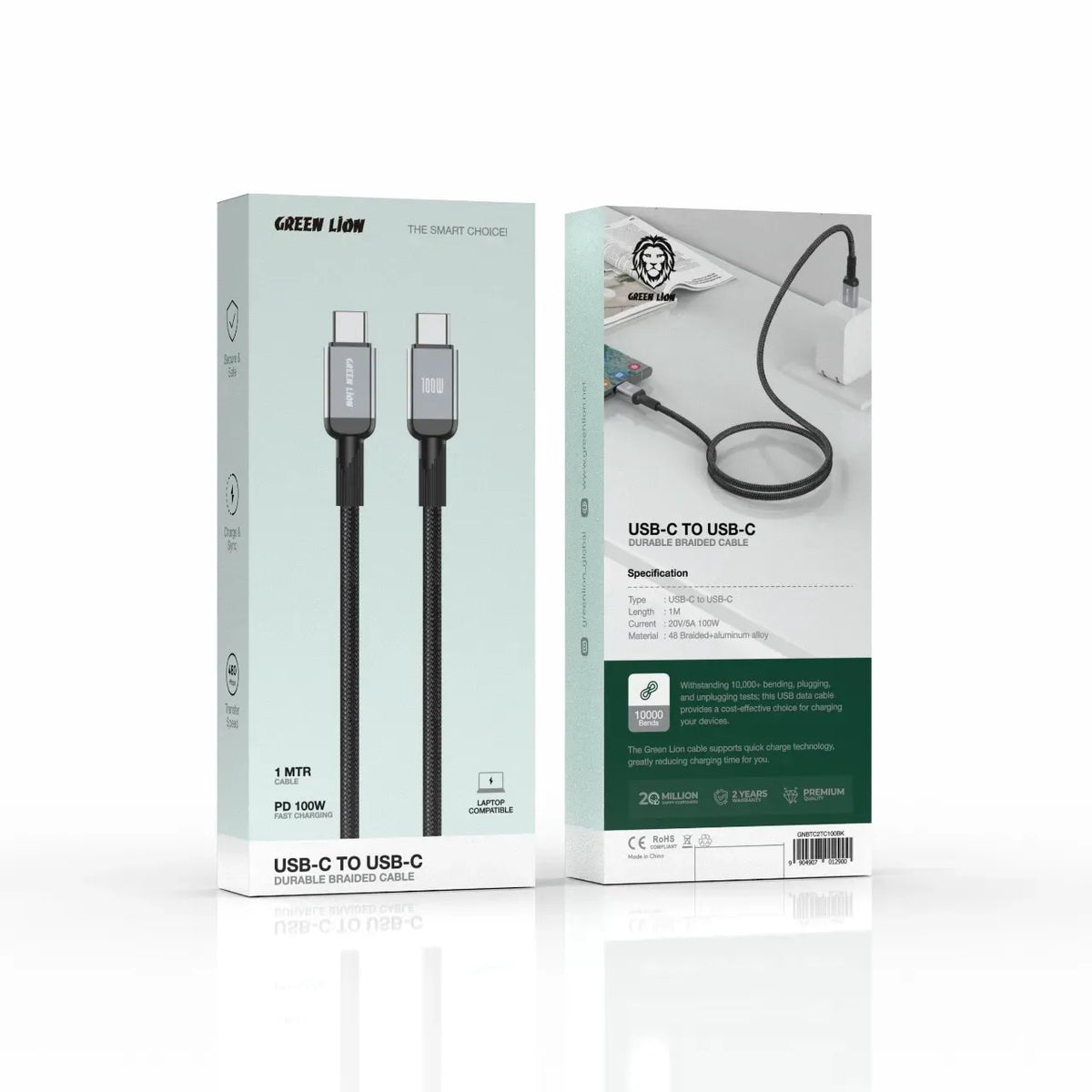 Green Lion USB C to USB C Durable 1m Braided Cable PD 100w Black – image 3