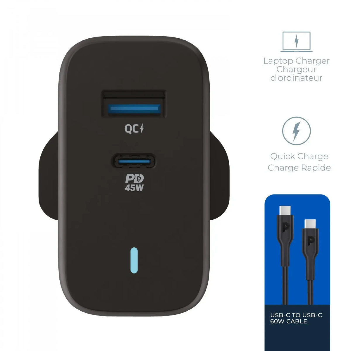 Powerology 63w Ultra Quick Gan Charger 45w PD USB A Quick Charge 18wqc3 0 with 60w Type C to Type C Cable – image 2