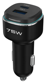 Powerology 75 W Dual-Port High-Power Car Charger with Lightning Cable - Black/Gre y