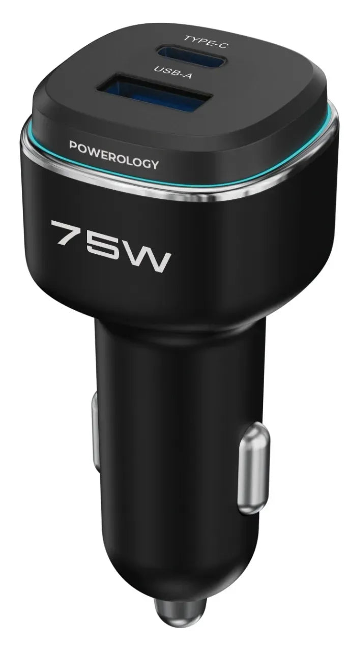 Powerology 75 W Dual-Port High-Power Car Charger with Lightning Cable - Black/Gre y