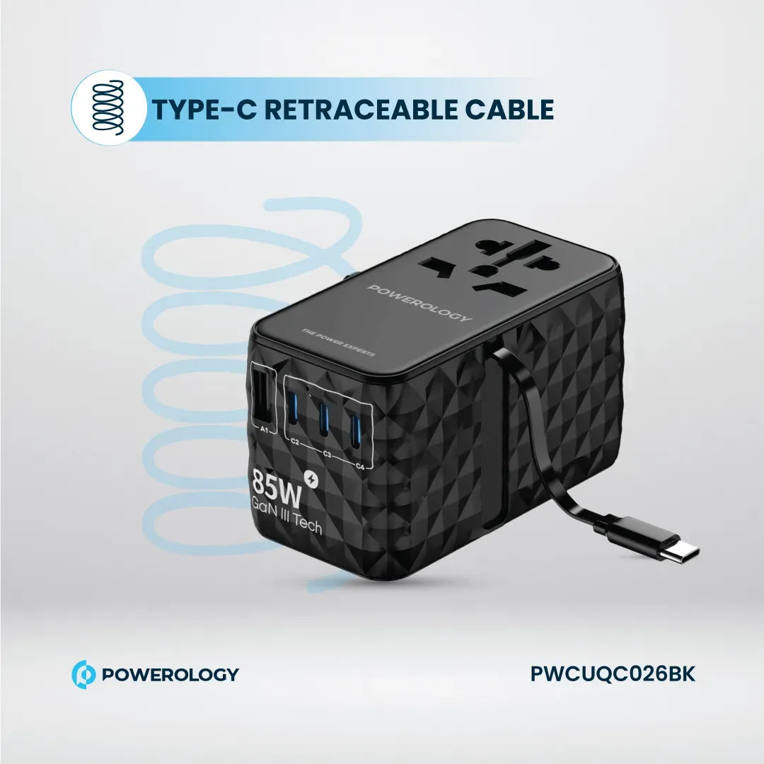 Powerology Universal Ga N 85 W Super Charger Retractable Type-C Cable - Black – image 4