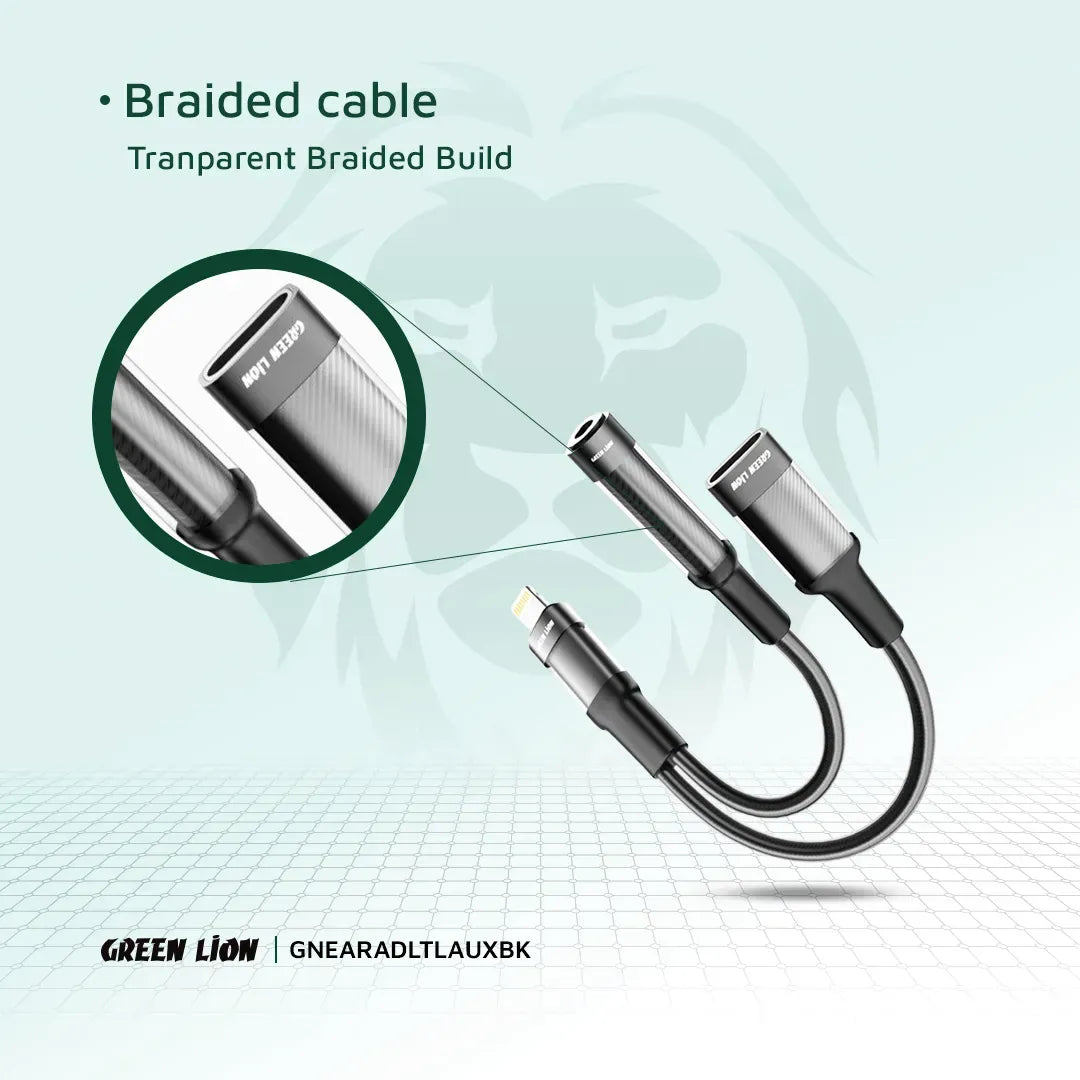 Green Lion 2 in 1 Earphone Charging Adapter Lightning to Lightning 3 5 12cm Black – image 3