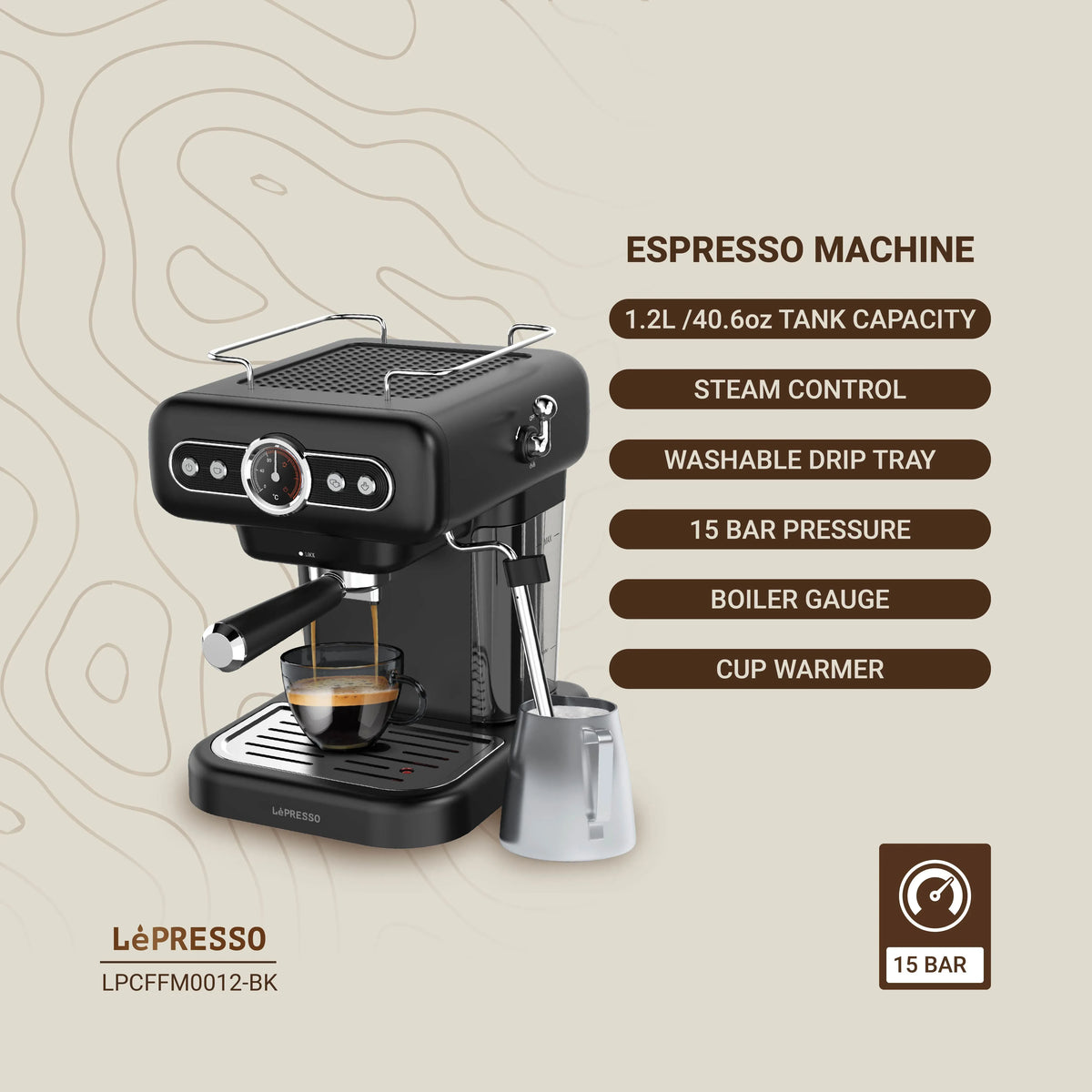 LePresso Retro Espresso Machine Boiler Gauge And Milk Steamer - Black – image 7