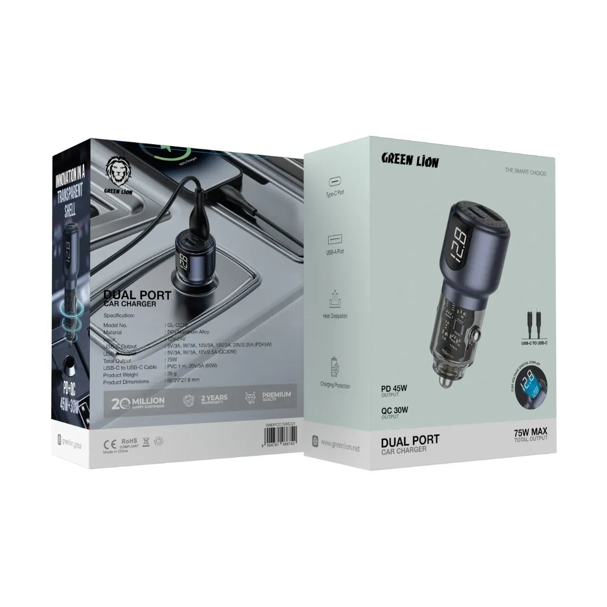 Green Lion Dual Port Car Charger PD+QC 75 WCto C 1 m Cable - Grey – image 3