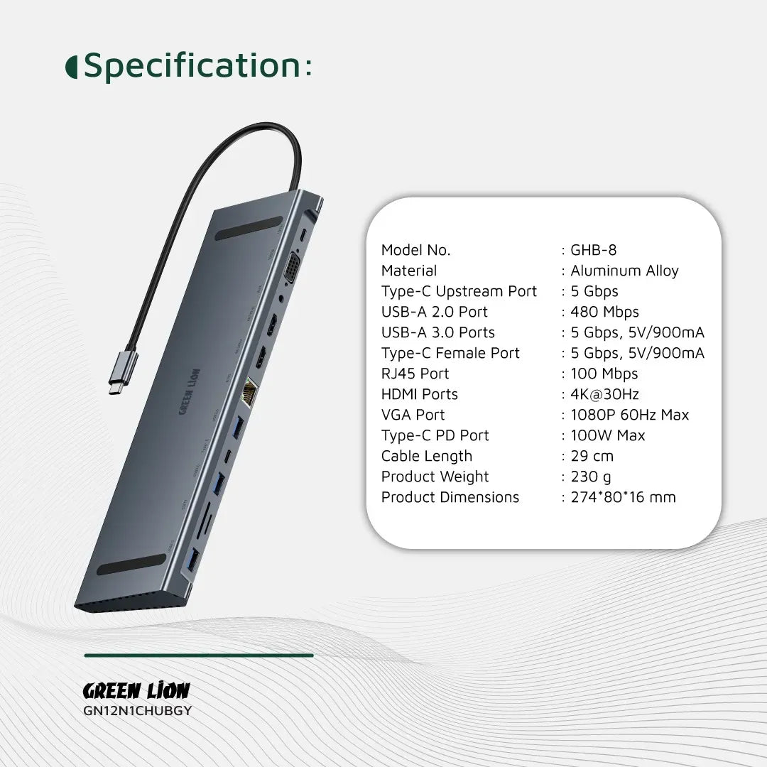 Green Lion 12 in 1 4k Hdmi Ethernet USB C Hub Gray – image 2