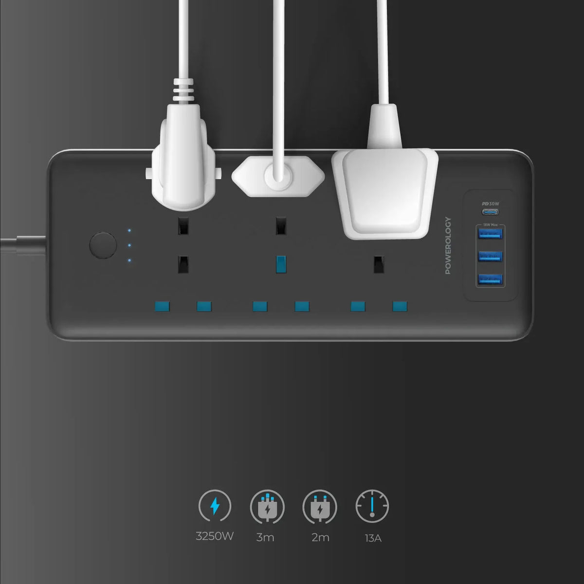 Powerology 48w 6ac 1x PD USB C and 3x QC USB A Power Strip with Uk Plug Black – image 7