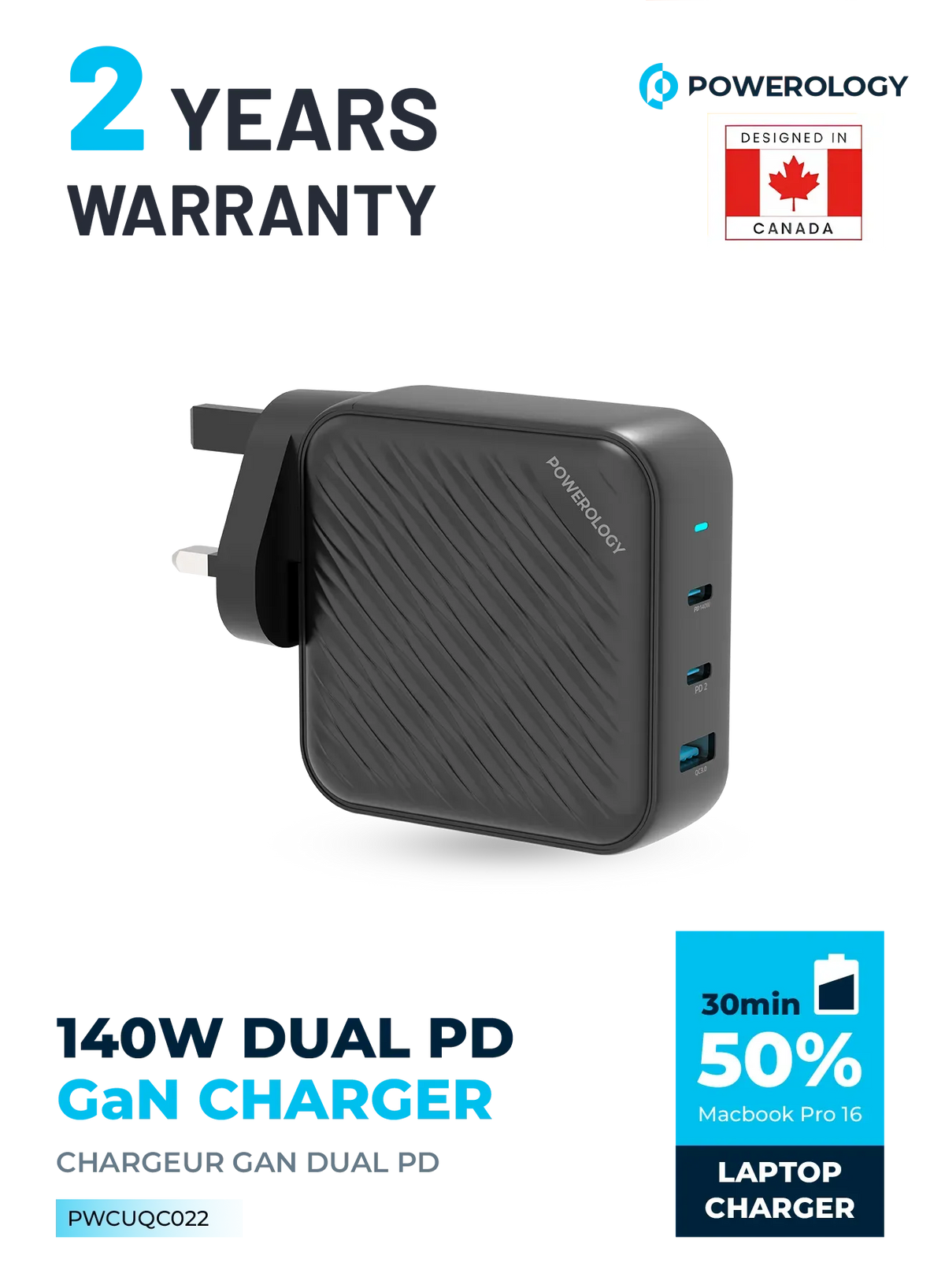 Powerology 140w PD QC 2xusb C and 1xusb A Gan Charger Uk Black – image 5