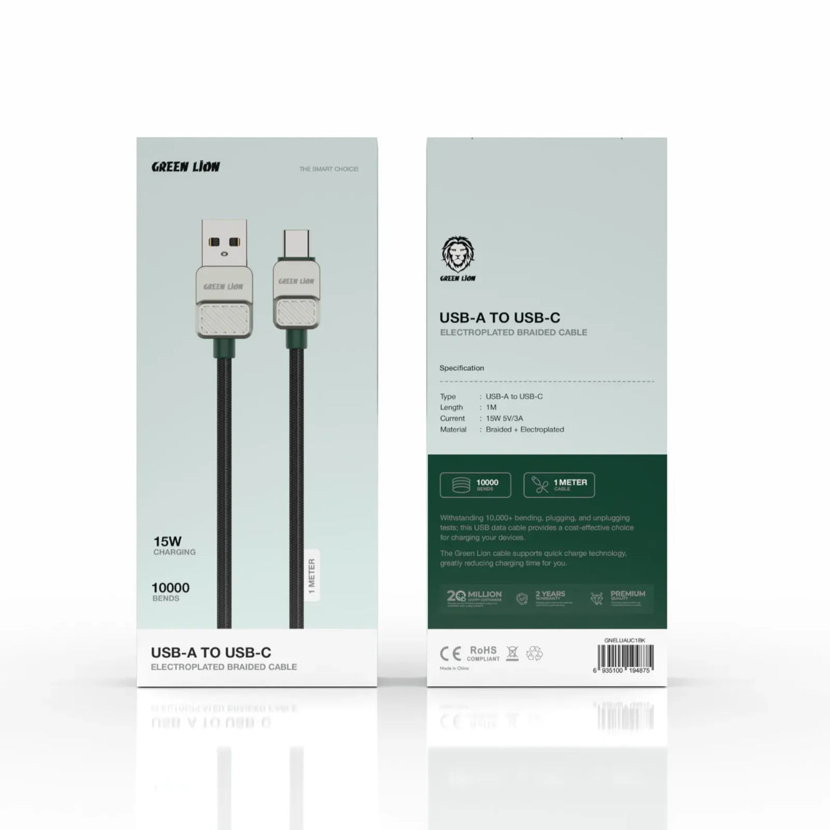 Green Lion USB A to Type C Cable Electroplated Braided 1m 15w Black – image 3