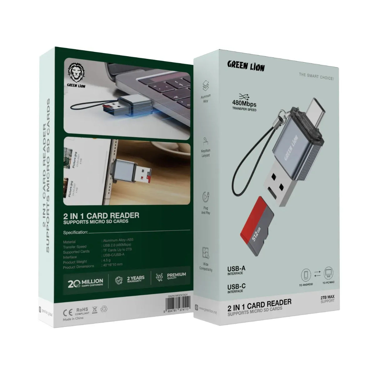 Green Lion 2 in 1 Card Reader with Micro Sd Cards Support Gray – image 2