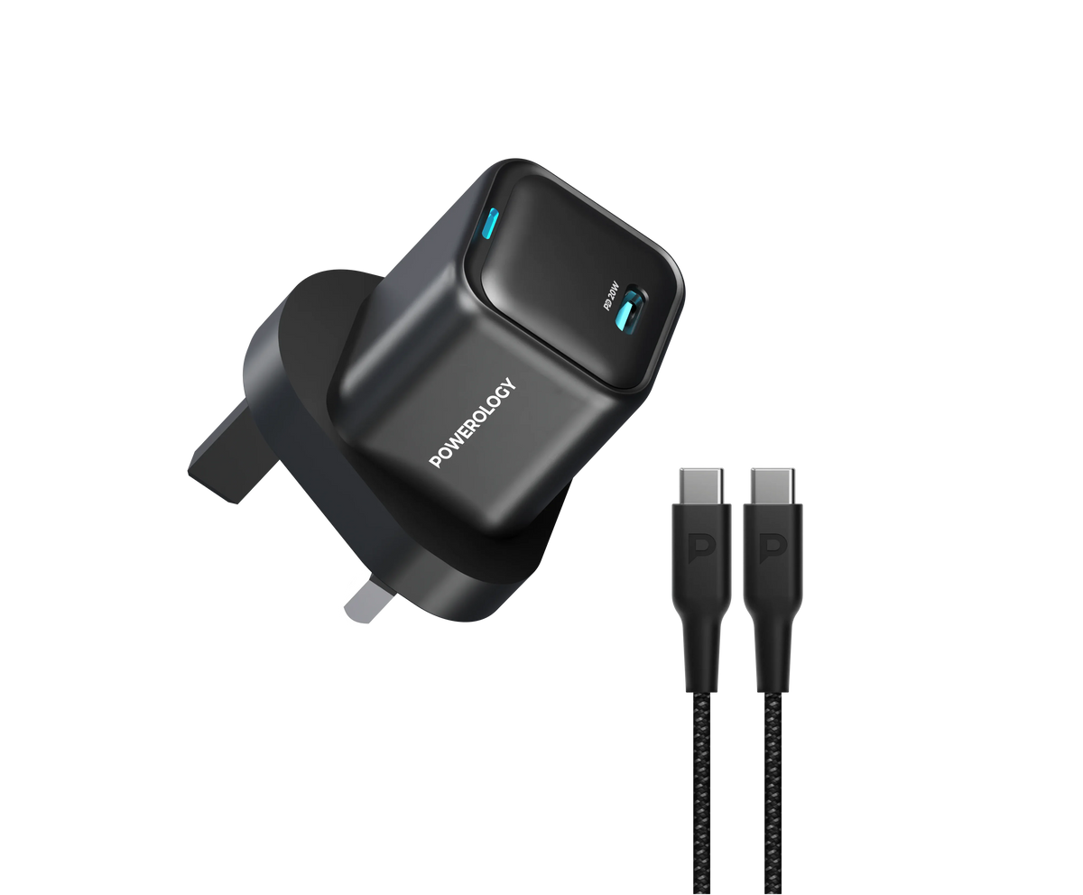 Powerology 20w Single C Port PD Charger Uk with Type C to C 60w Cable Black – image 2