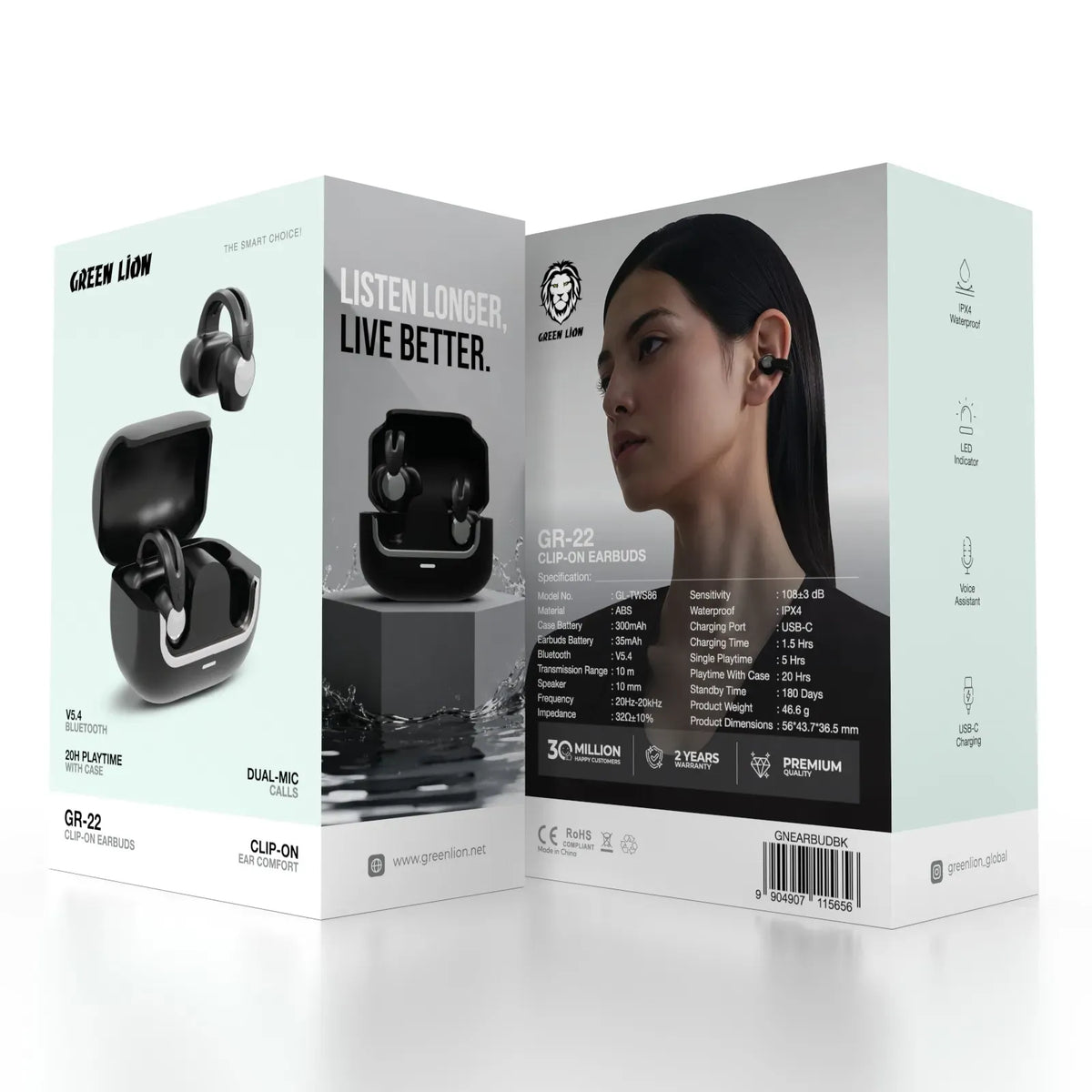 Green Lion GR-22 Clip-On Earbuds - Black – image 3