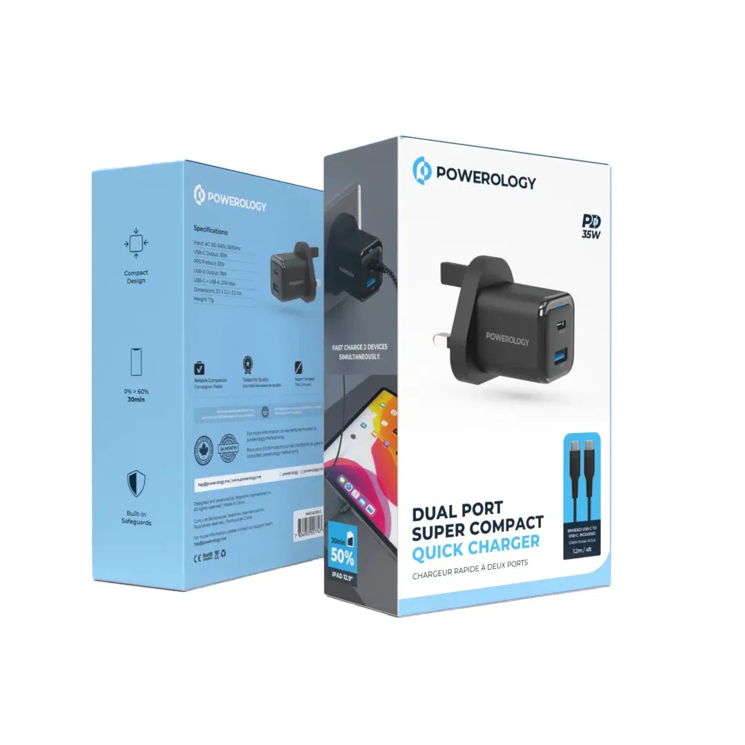 Powerology 35w PD QC 1xusb C 35w and 1xusb A 18w Gan Charger Uk with Type C to C 60w Black – image 11