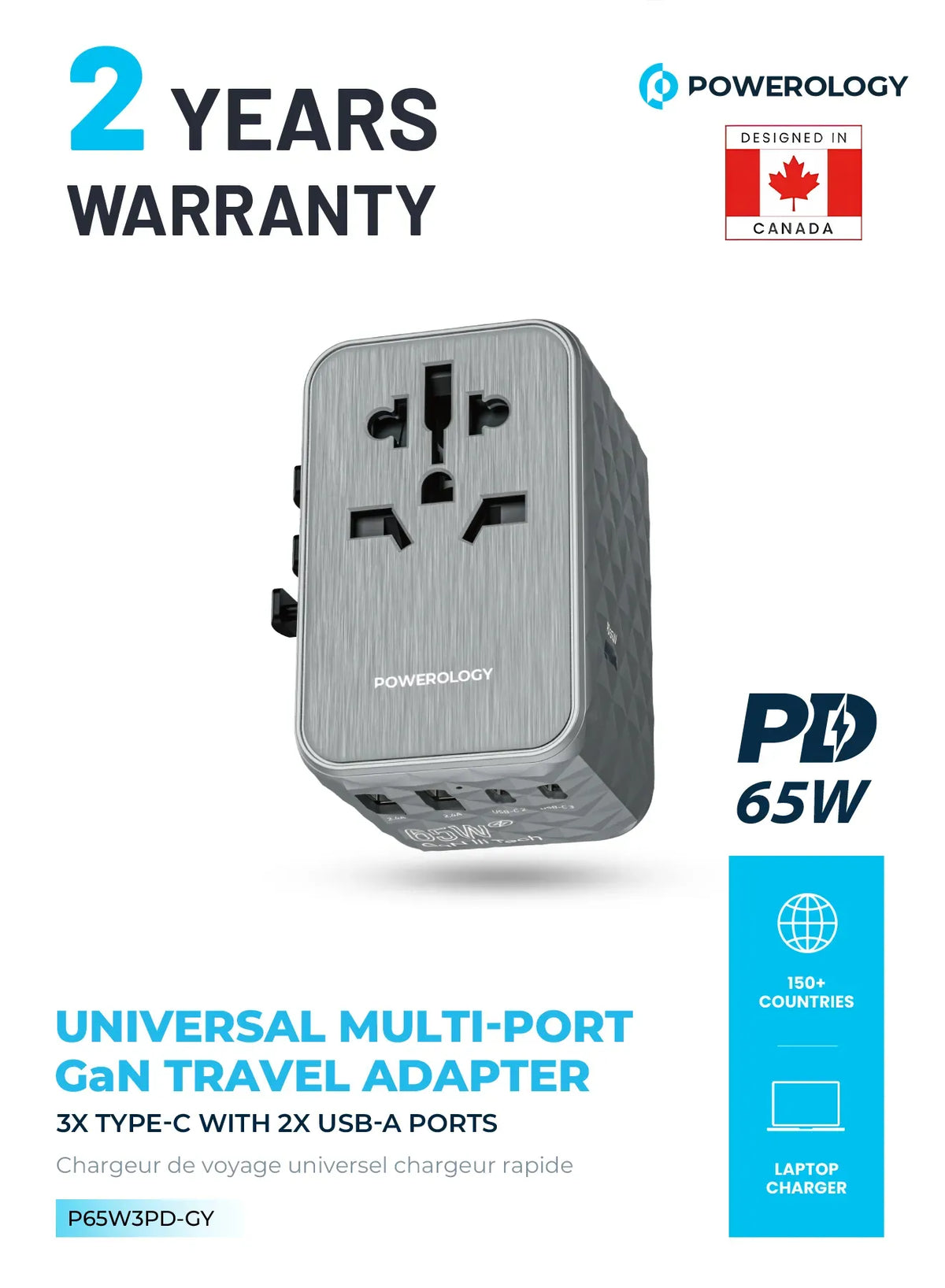 Powerology Universal Multi-Port Ga N Travel Adapter 3 x Type-CWith 2 x USB-A Ports 65 W PD - Gray – image 7