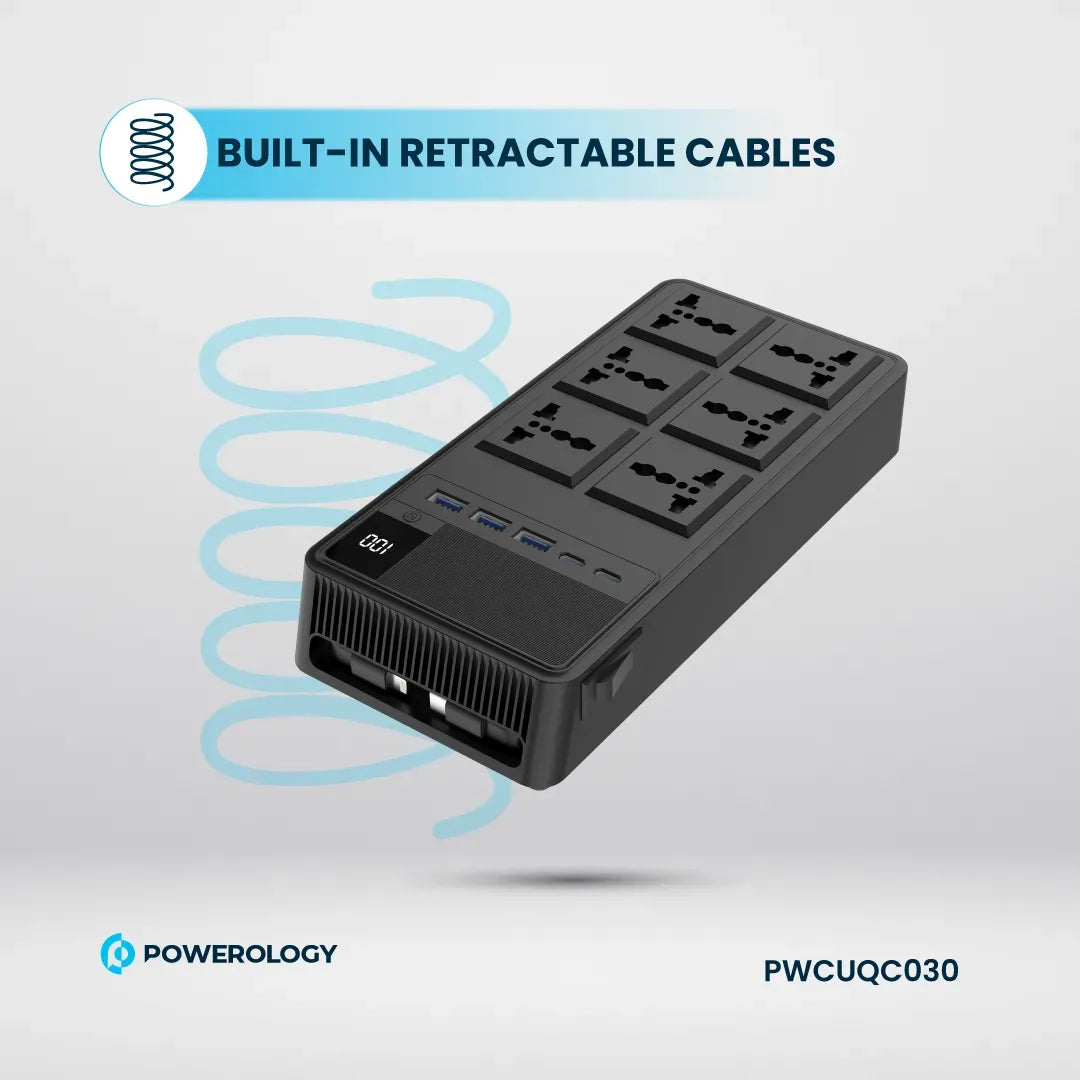 Powerology 2500w 6ac Power Strip with Built in Retractable Cables Black – image 5