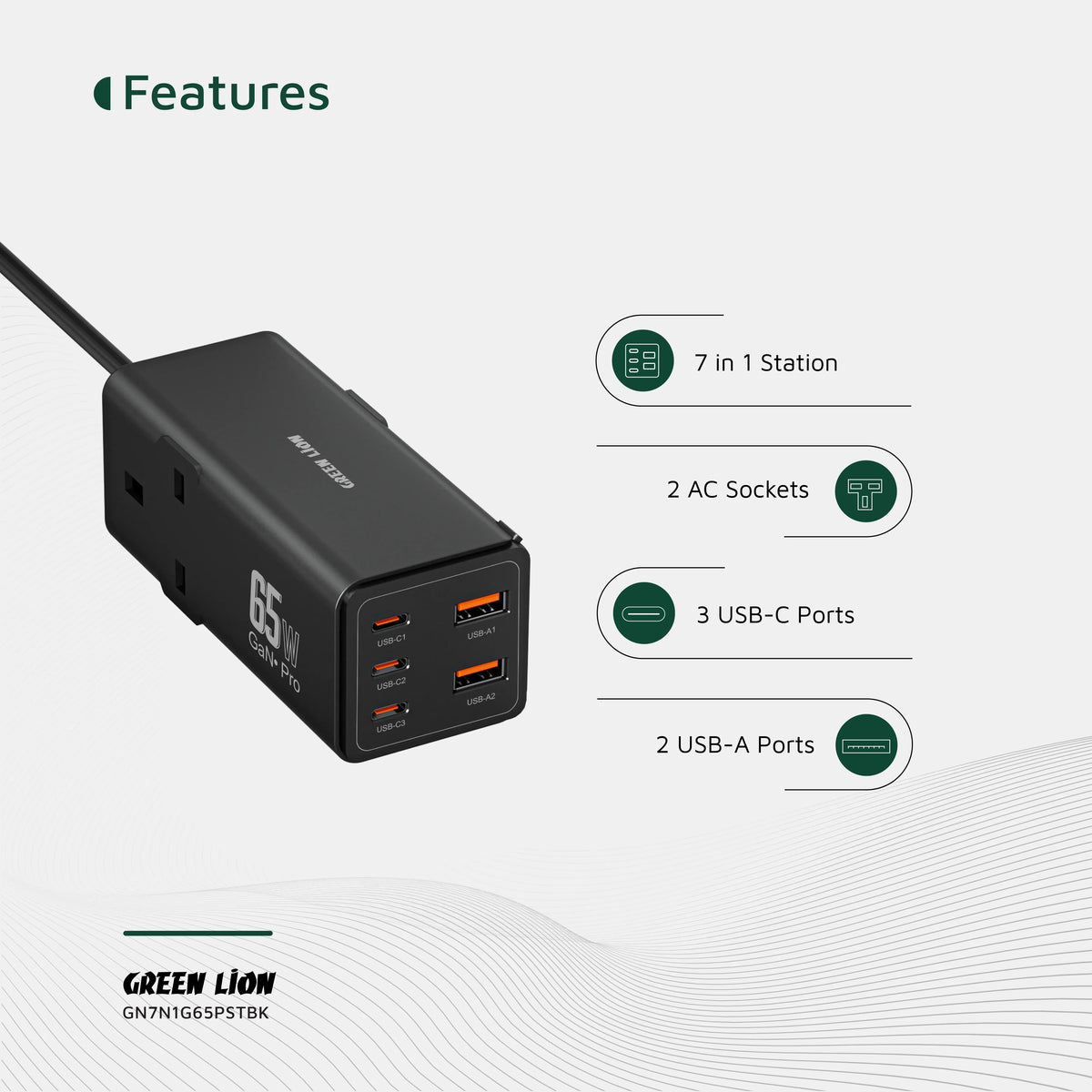 Green Lion 7 in 1 Gan 65w Power Strip Black – image 5
