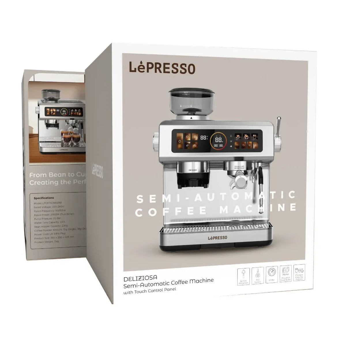 LePresso Deliziosa Semi Automatic Coffee Machine with Touch Control Panel Silver – image 5