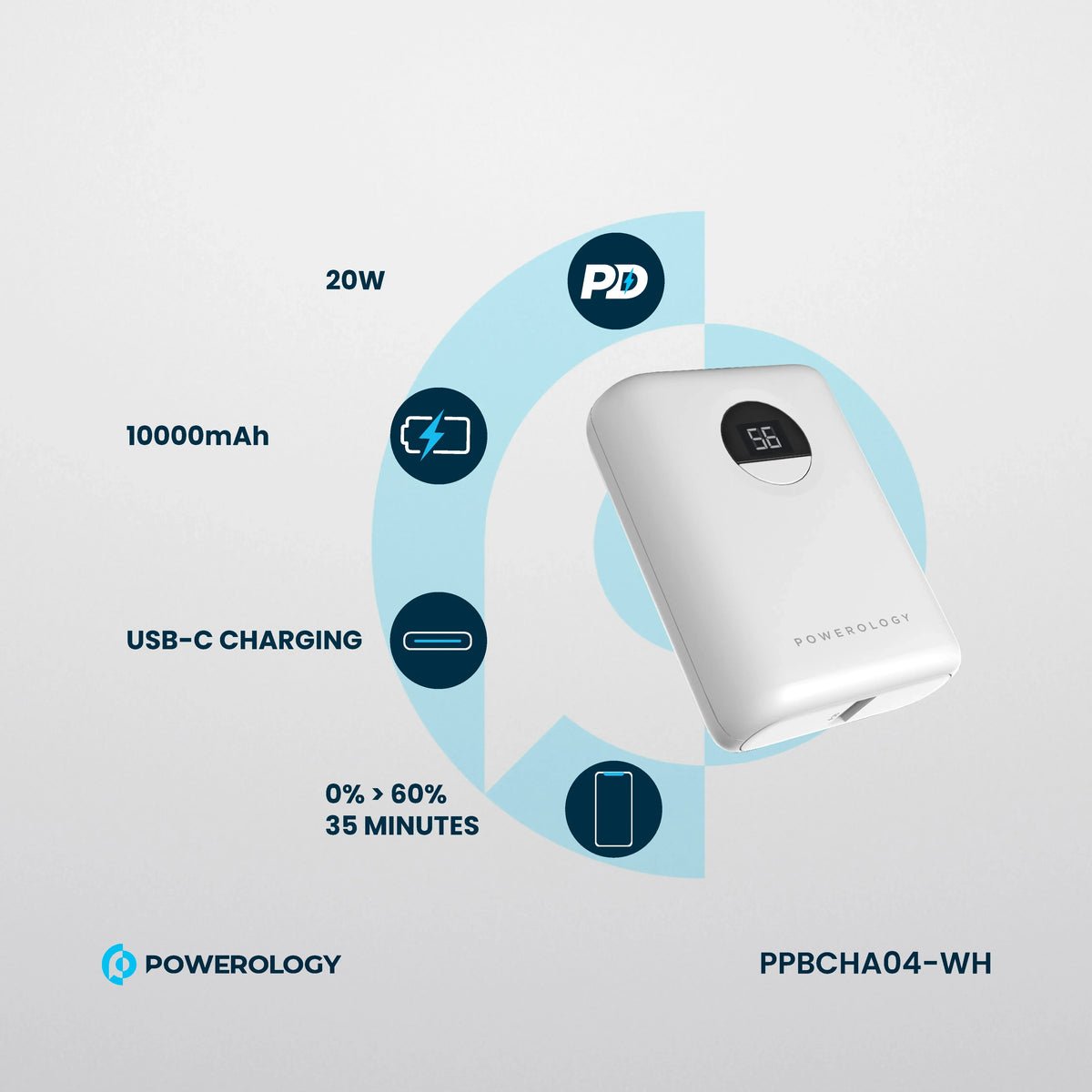 Powerology 10000 m Ah Ultra-Compact Power Bank 20 W PD&QC 3.0 USB-A and USB-C - White – image 8