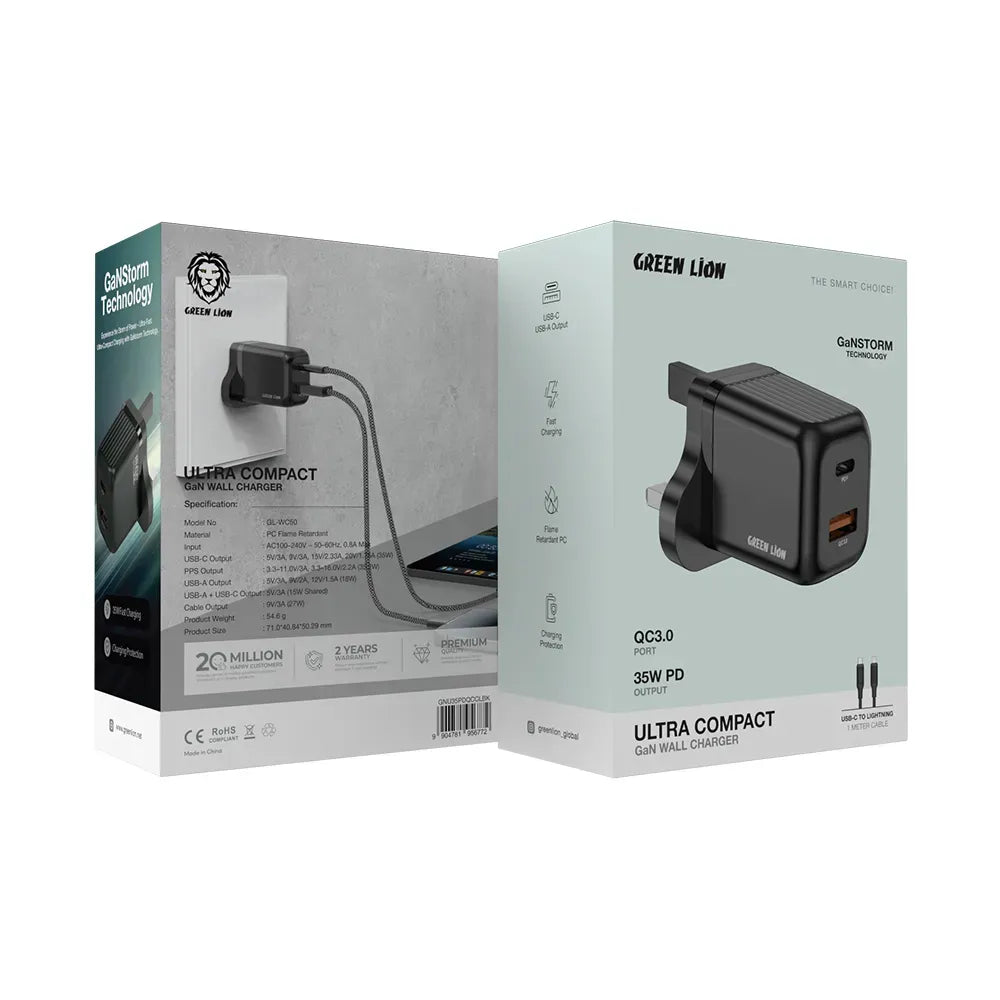 Green Lion Ultra Compact Gan Wall Charger PD+QC 35 WCto L - Black – image 2