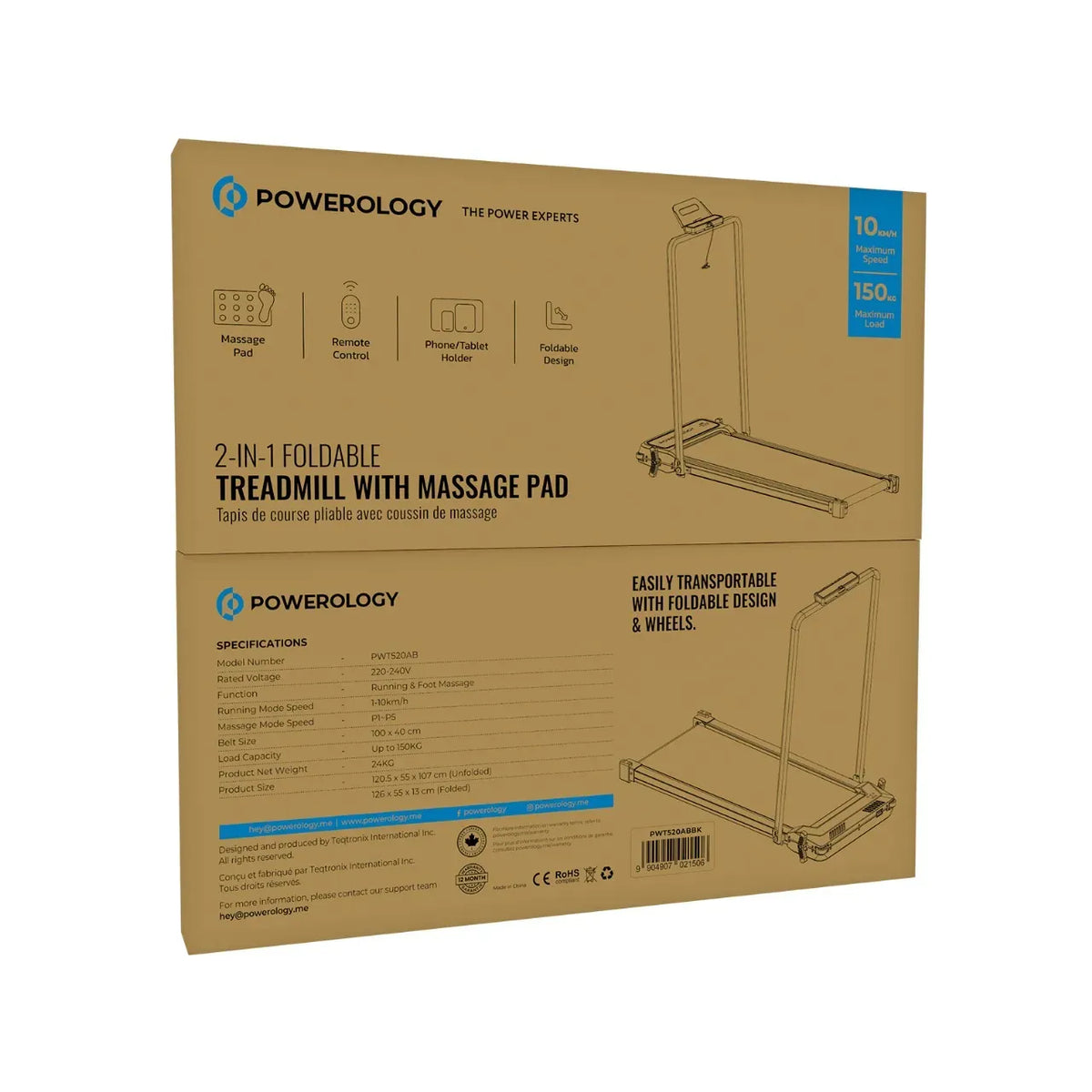 Powerology 2 in 1 Foldable Treadmill with Massage Pad Black – image 4