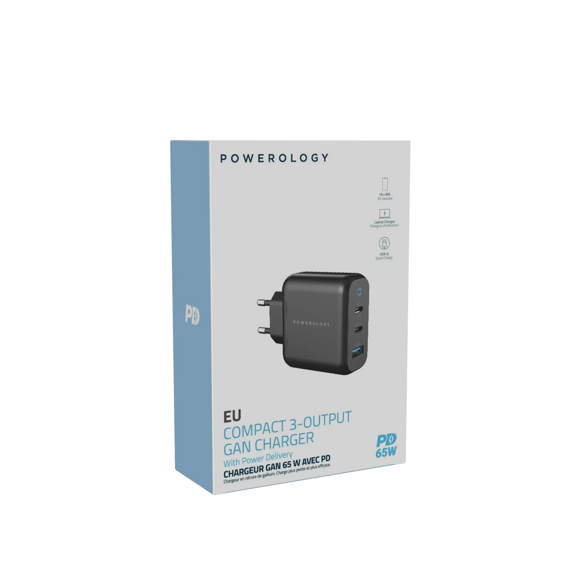 Powerology 3-Output 65 W PDGa N Charger with Quick Charge USB-A (EU) - Black – image 5