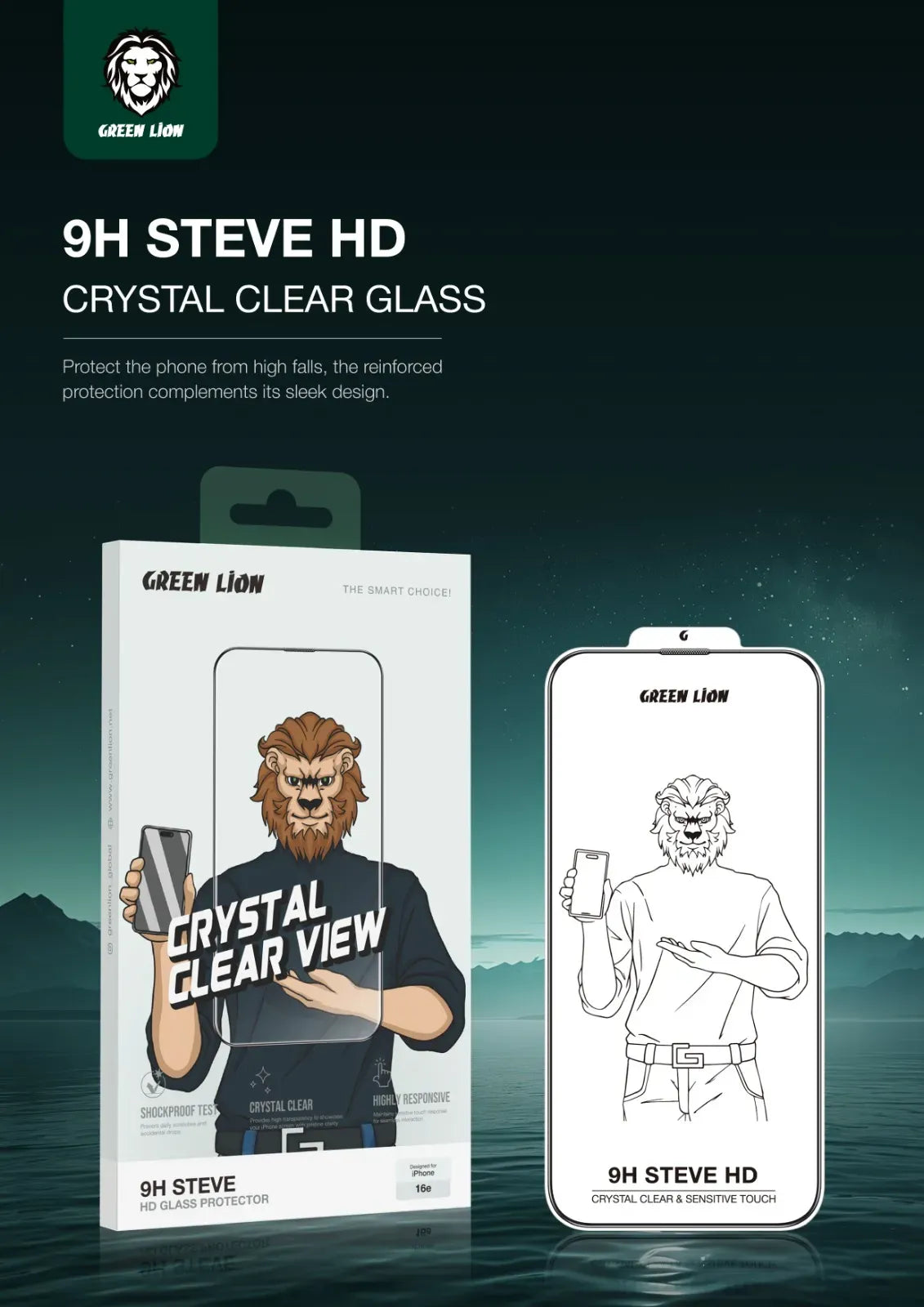 Green Lion 9h Steve HD for Iphone 16e Clear – image 9