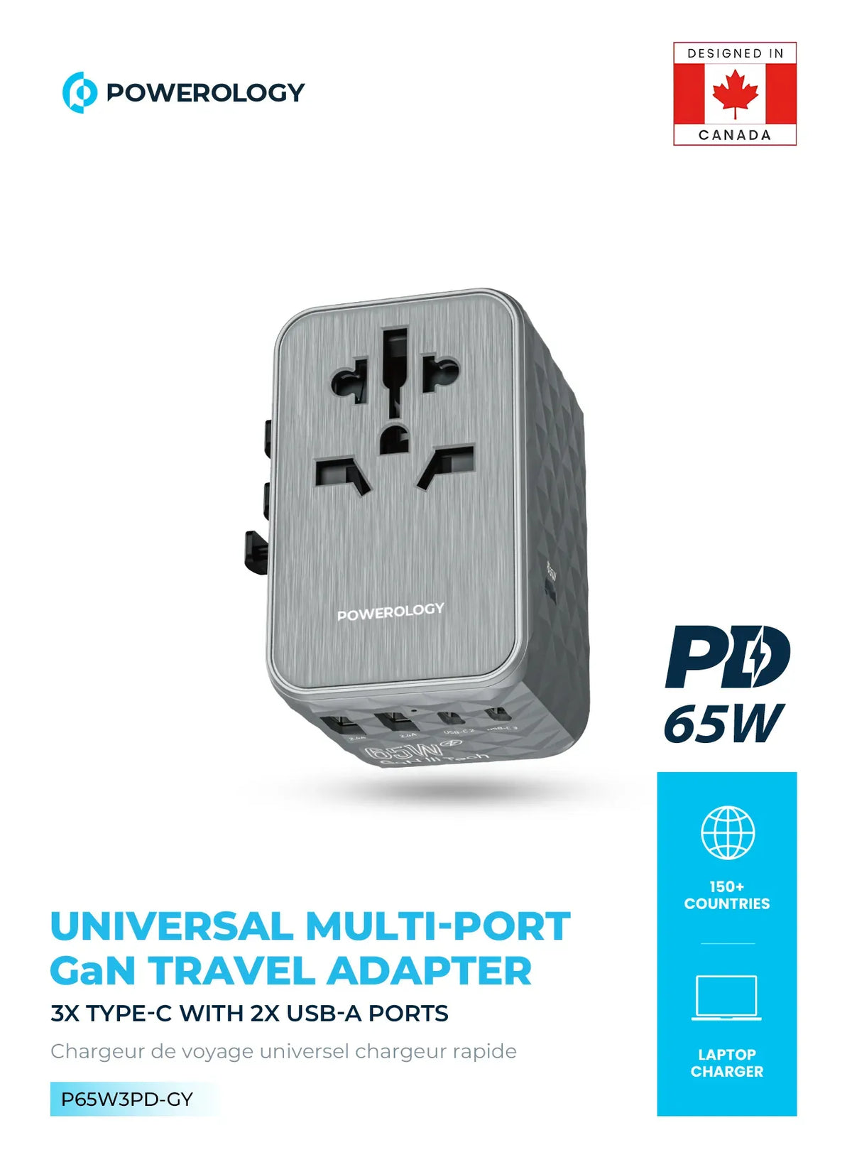 Powerology Universal Multi-Port Ga N Travel Adapter 3 x Type-CWith 2 x USB-A Ports 65 W PD - Gray – image 5