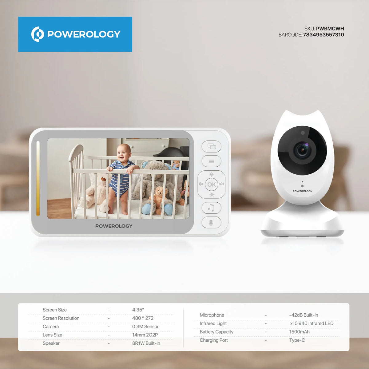 Powerology 4 3 HD LCD Display Vga Camera Baby Monitor White – image 7