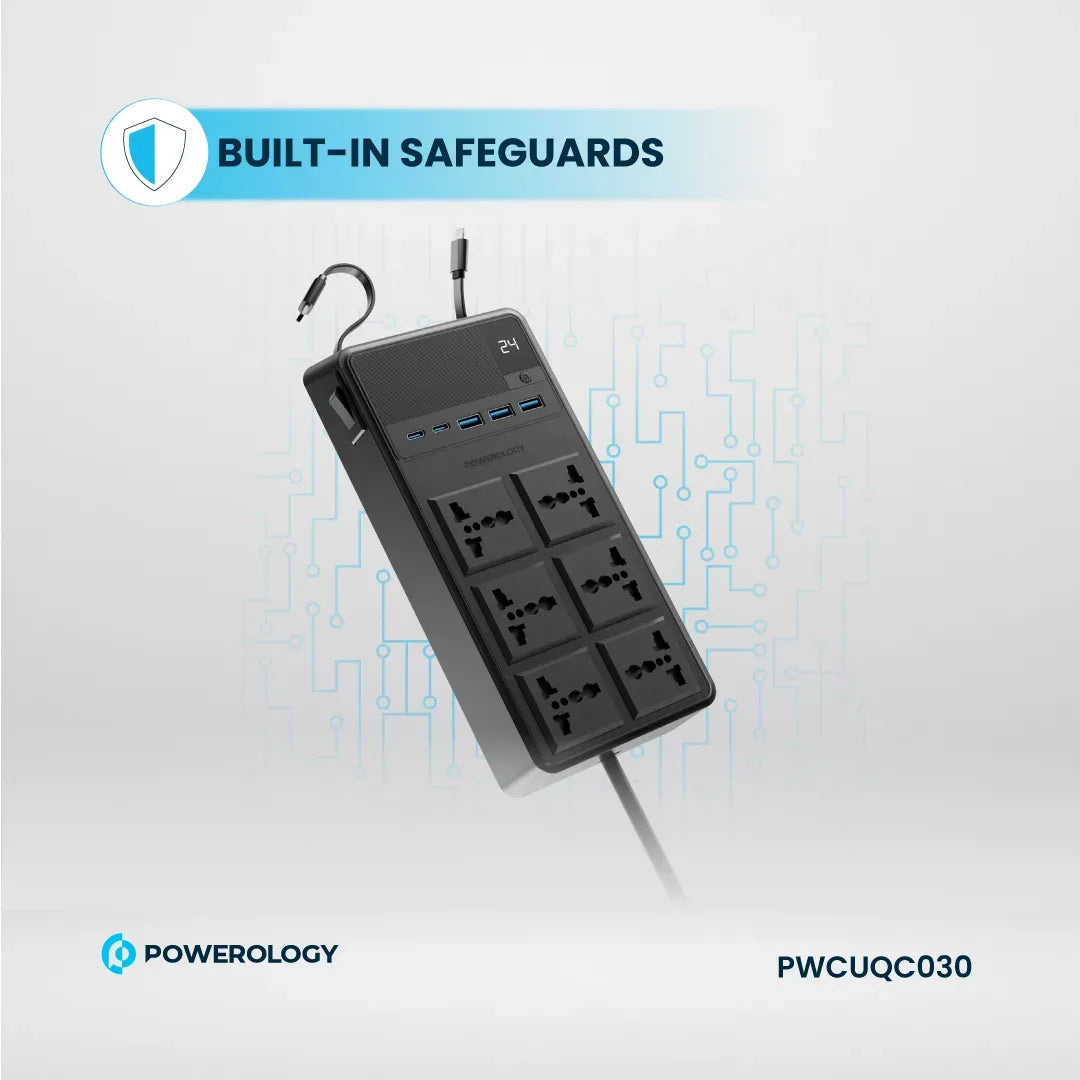 Powerology 2500w 6ac Power Strip with Built in Retractable Cables Black – image 4