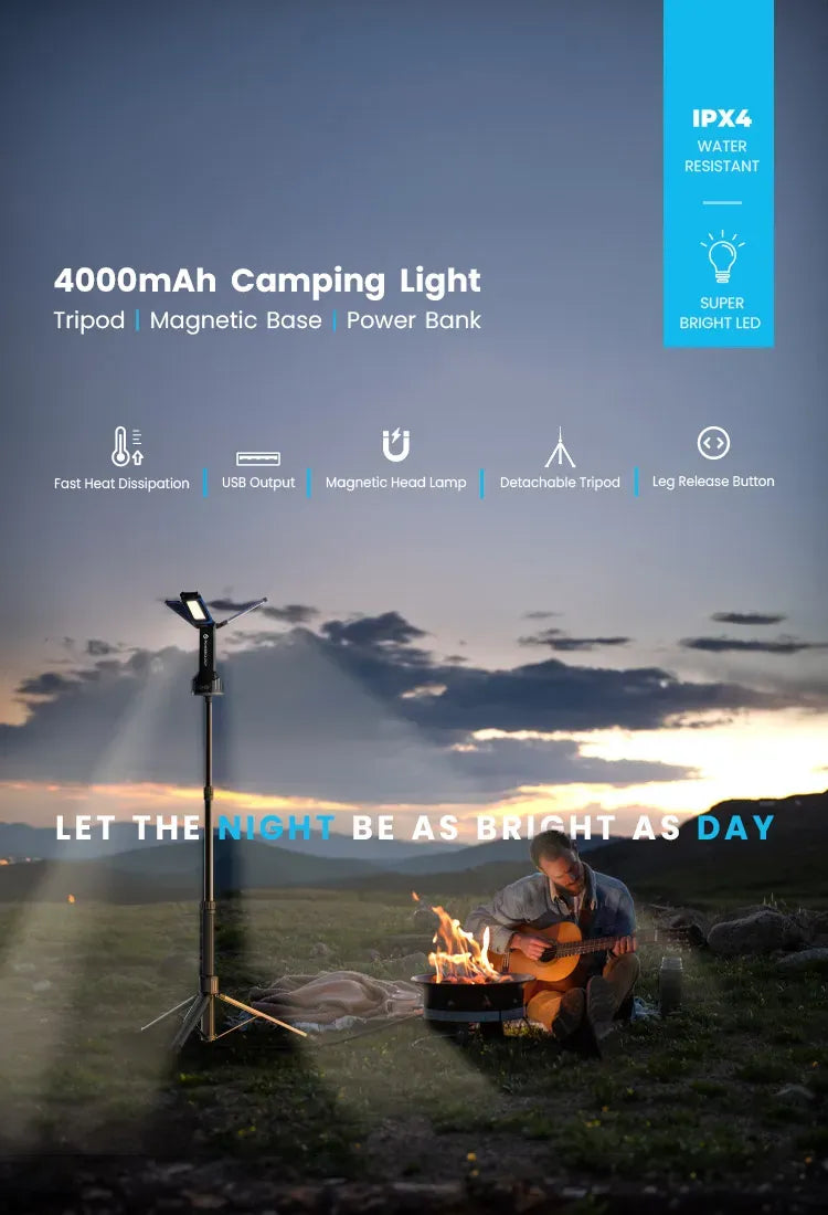 Powerology Camping 4000lm USB C Foldable Tripod Worklight Ipx4 4000mAh Black – image 13