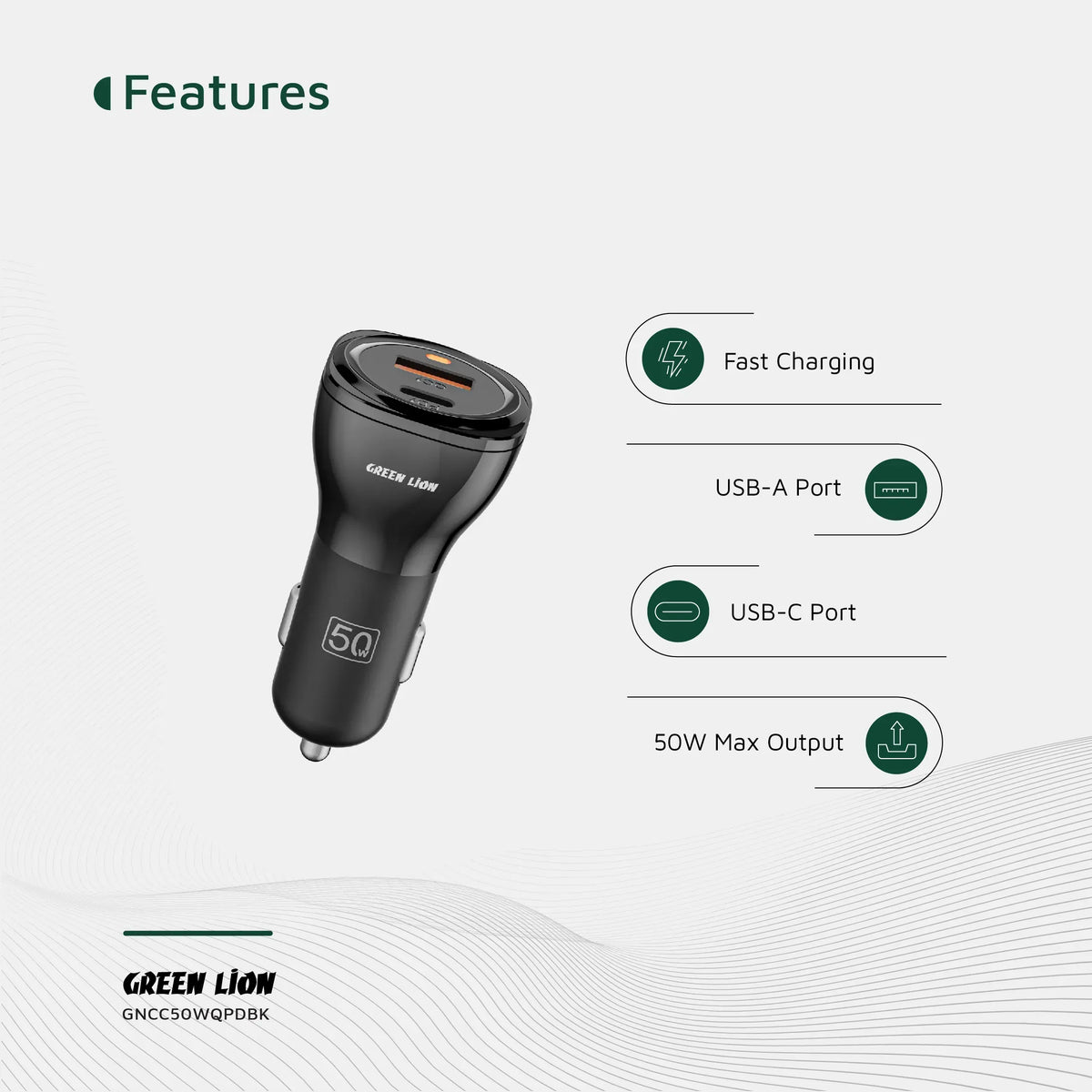 Green Lion Dual Port Car Charger 50 W(PD 30 W+QC 20 W) - Black – image 9
