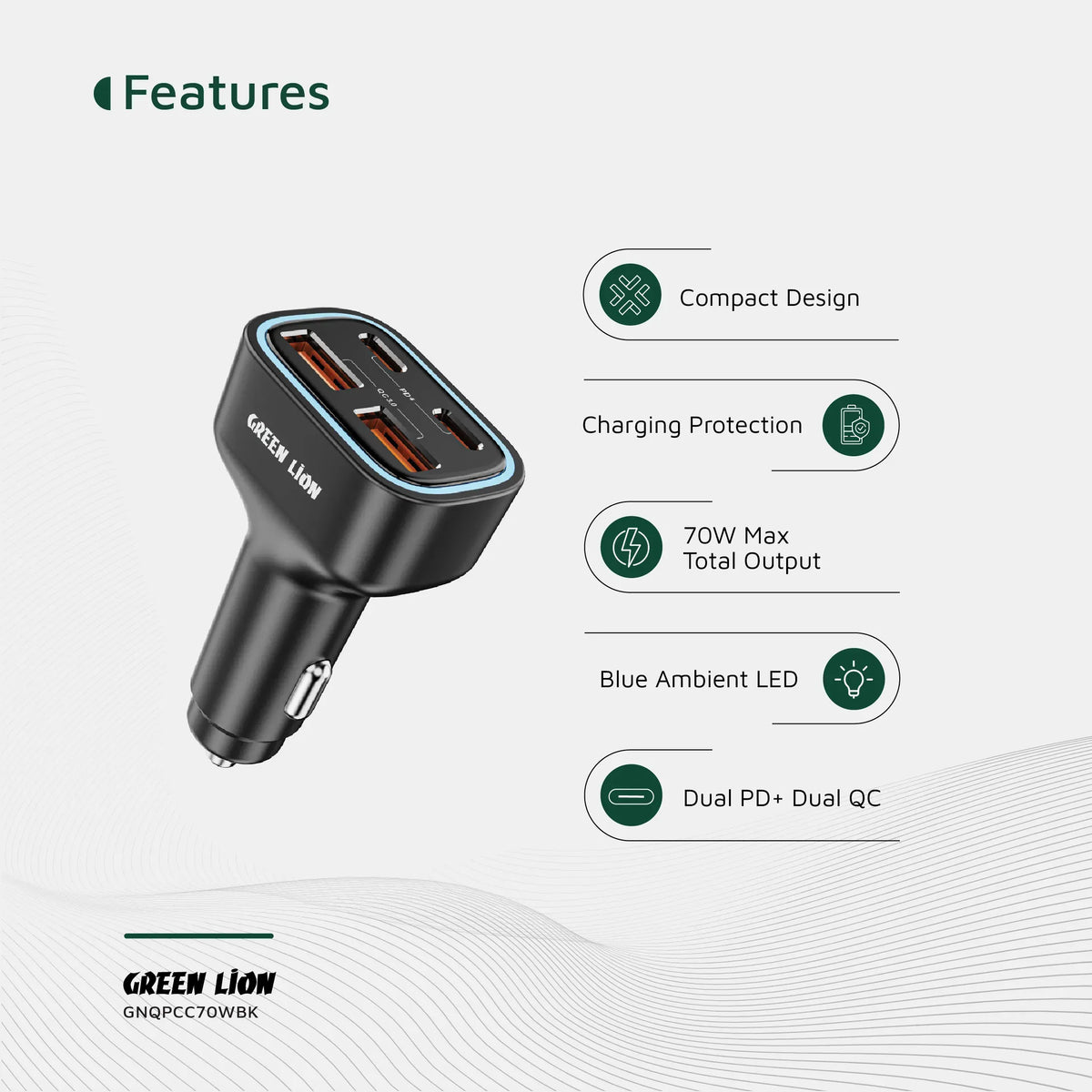 Green Lion Quad Port 70w Car Charger Black – image 5
