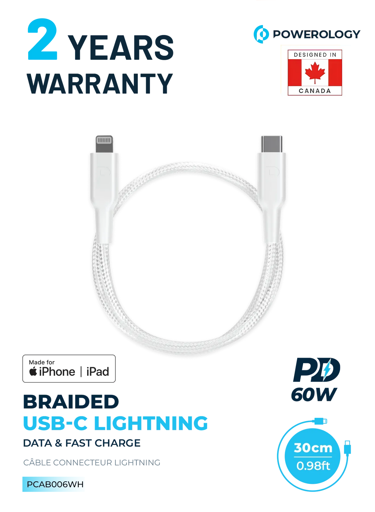Powerology Braided USB-C Lightning Data&Fast Charge Cable 30 Cm/0.98 ft - White – image 6