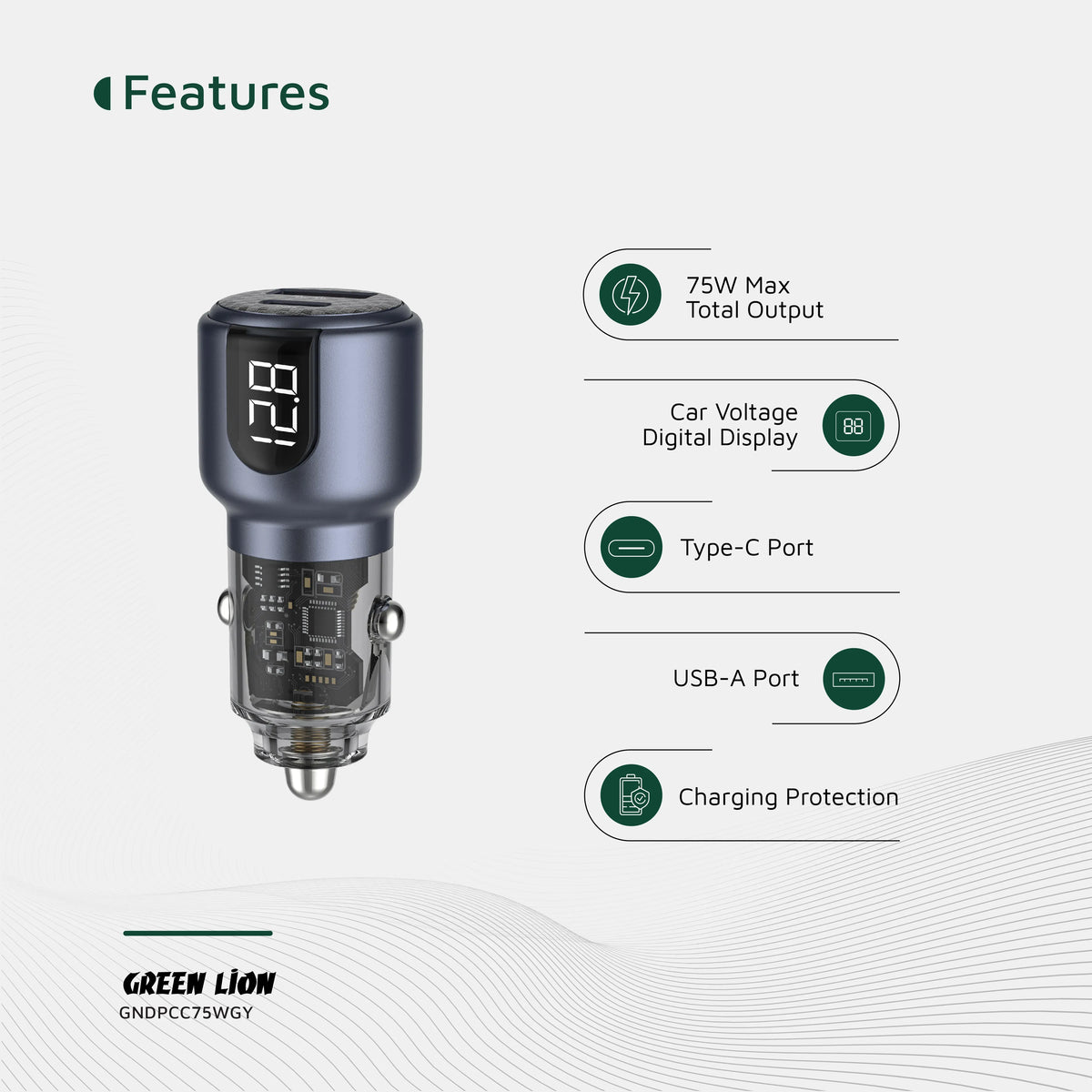 Green Lion Dual Port Car Charger PD+QC 75 W - Grey – image 7