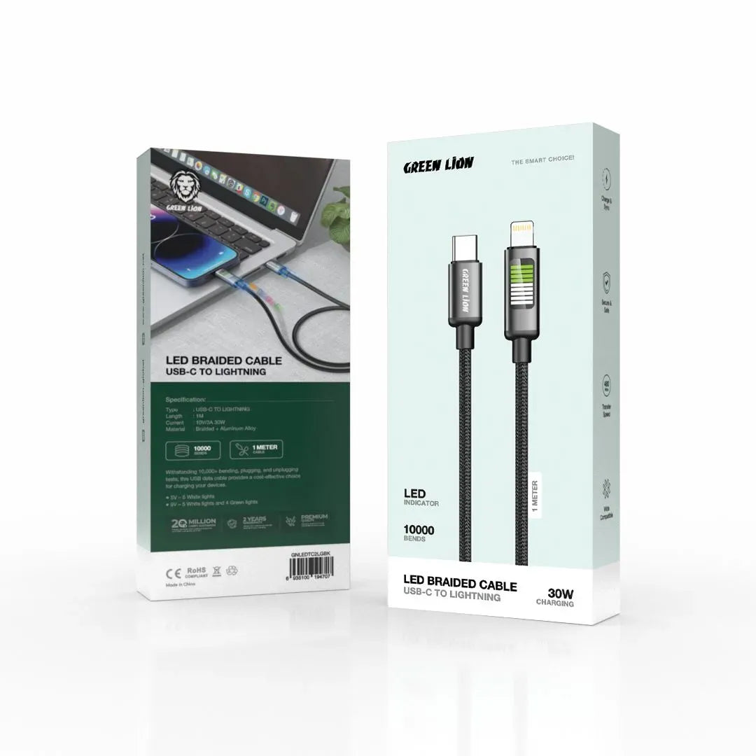 Green Lion LEDBraided Cable USB-Cto Lightning - Black
