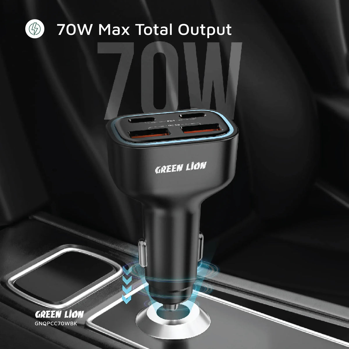 Green Lion Quad Port 70w Car Charger Black – image 11