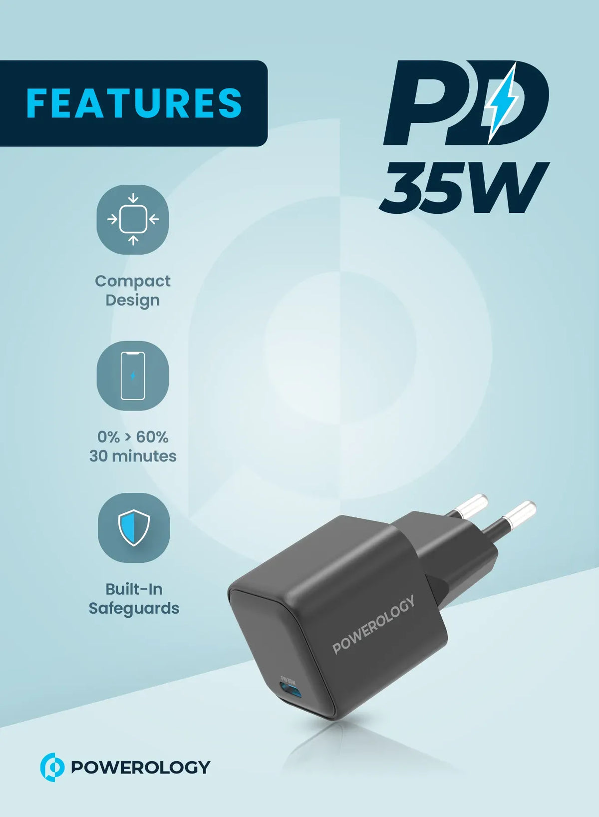 Powerology 35w Single Port Type C Gan Charger with Eu Plug Black – image 3