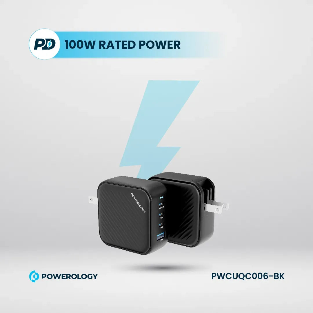 Powerology 100 W Triple PDGa N Charger +1 QC 3.0 World Travel Kit - Black