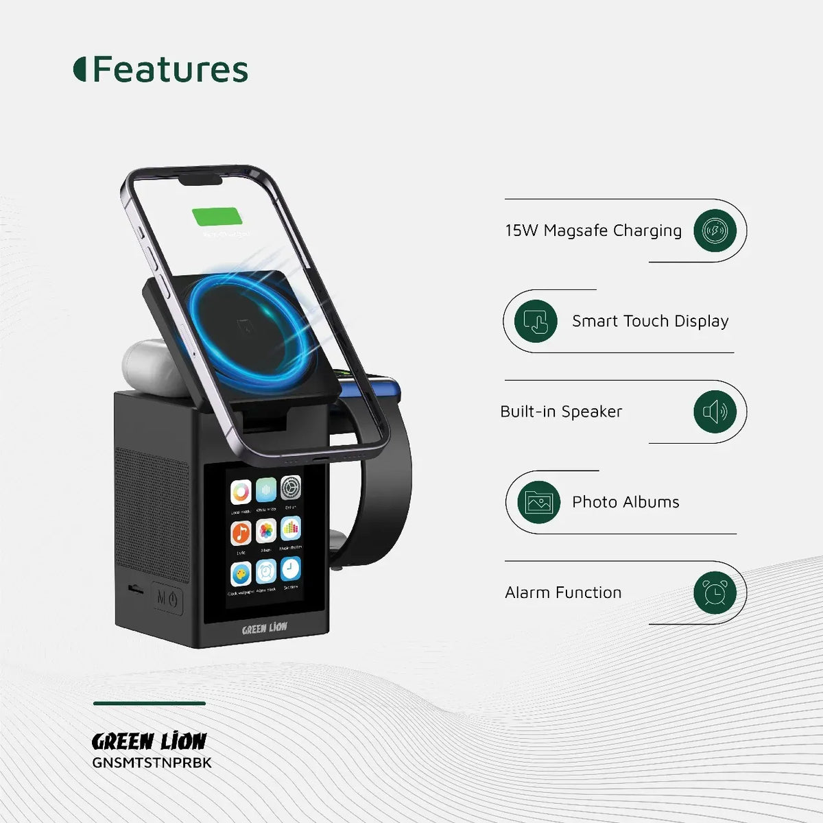 Green Lion Smart Station Pro LCD Display Wireless Charger with Speaker Black – image 13