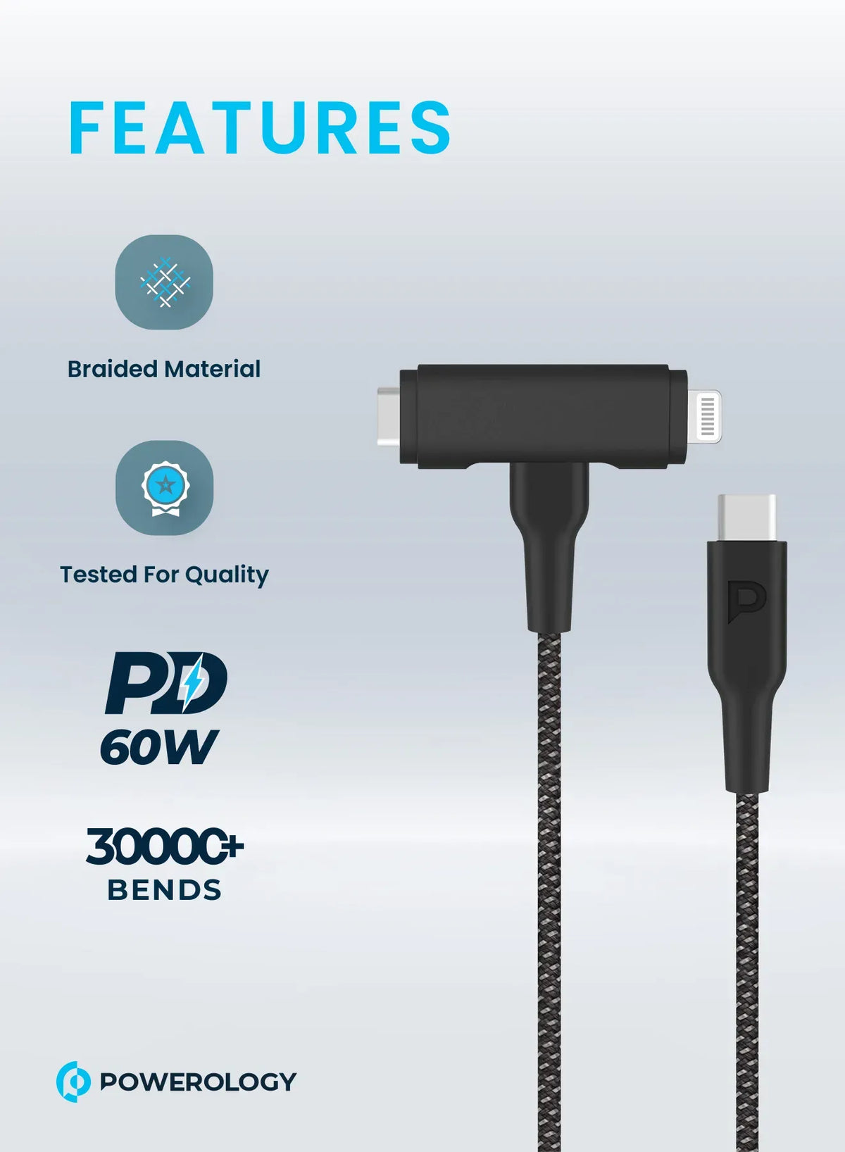 Powerology Braided USB-C to USB-C +Lightning Data&Fast Charge 1.2 m/4 ft - Black – image 4