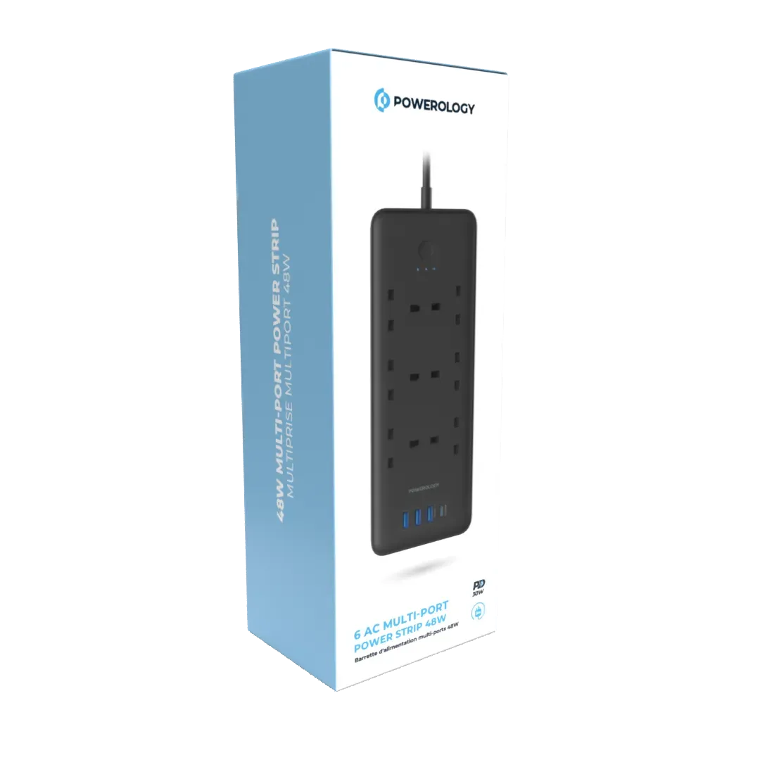 Powerology 48w 6ac 1x PD USB C and 3x QC USB A Power Strip with Uk Plug Black – image 2